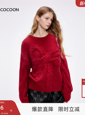 MISSCOCOON可可尼新年红色针织衫女2025冬季新款蝴蝶结圆领毛衣