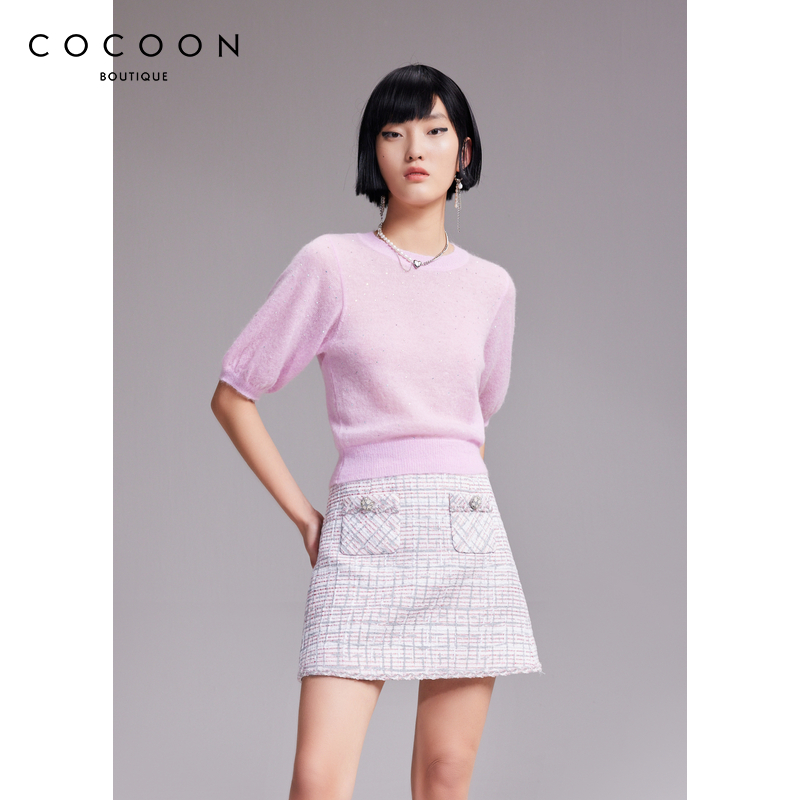 可可尼COCOON商场同款2024秋冬新款短袖温柔气质粉色套头针织衫女