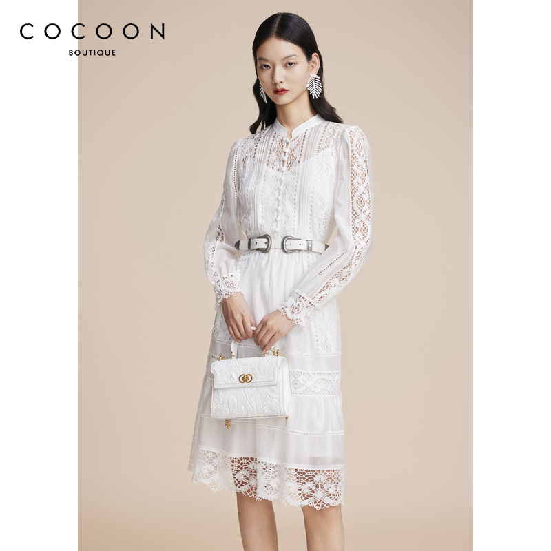 【商场同款】可可尼COCOON秋冬新款莱赛尔气质蕾丝镂空连衣裙女装