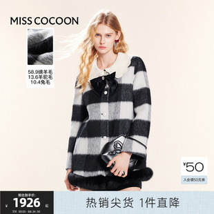 黑白格子毛呢外套蝴蝶结上衣圣诞穿搭大衣女 可可尼cocoon2024新款
