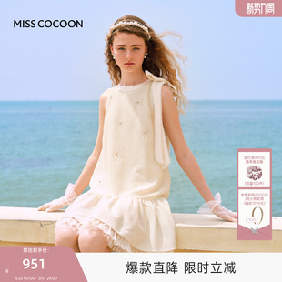 MISSCOCOON可可尼小香风连衣裙女2025秋季 蝴蝶结刺绣蕾丝裙子 新款
