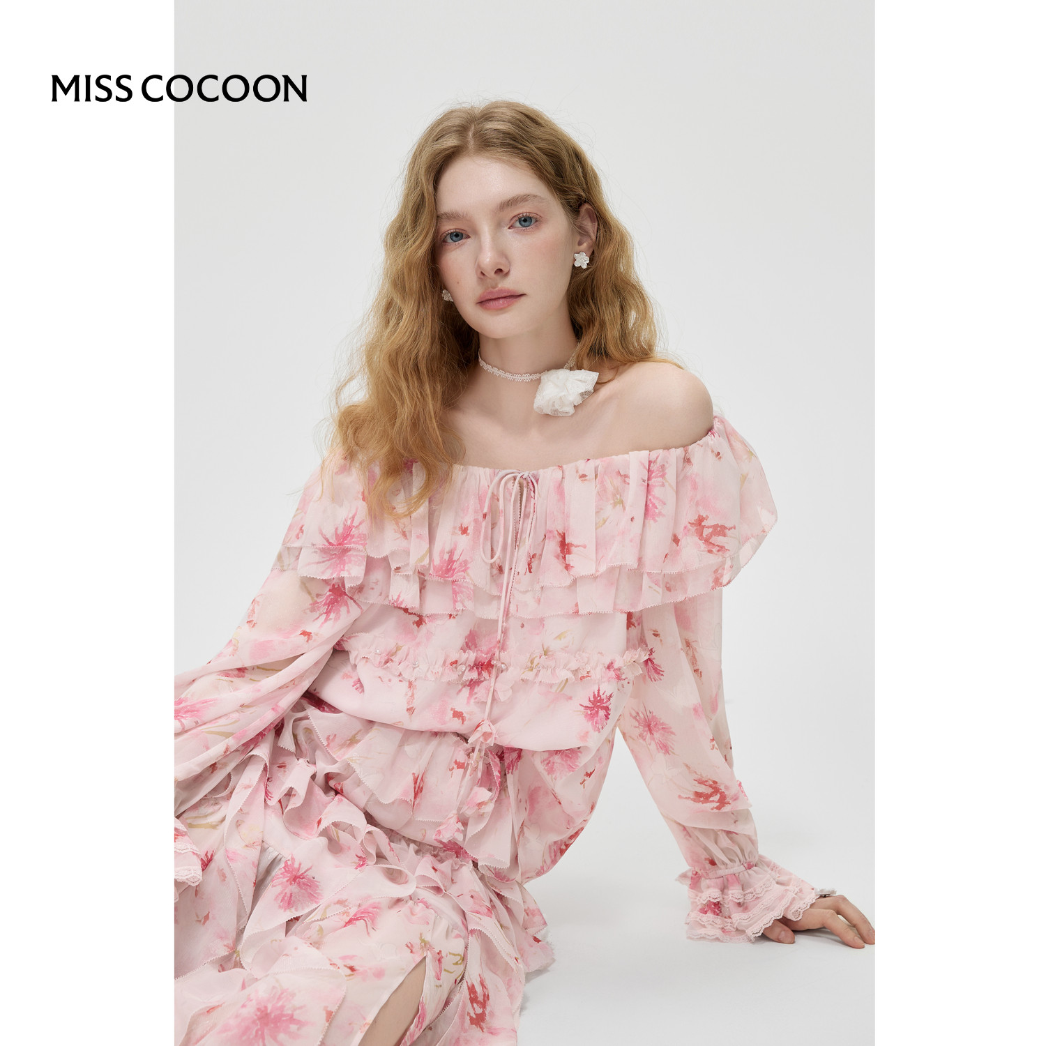 MISSCOCOON可可尼蕾丝一字肩上衣女2026春新款粉色蝴蝶