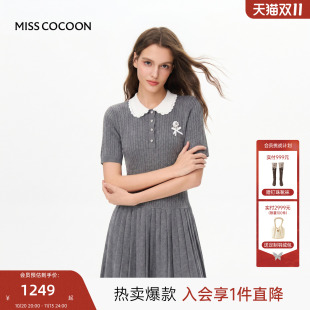 MISSCOCOON可可尼娃娃领针织裙子女26早秋新款收腰百褶棉质连衣裙