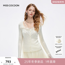 MISSCOCOON可可尼蕾丝白色上衣女2025冬季新款方领绵羊毛针织衫