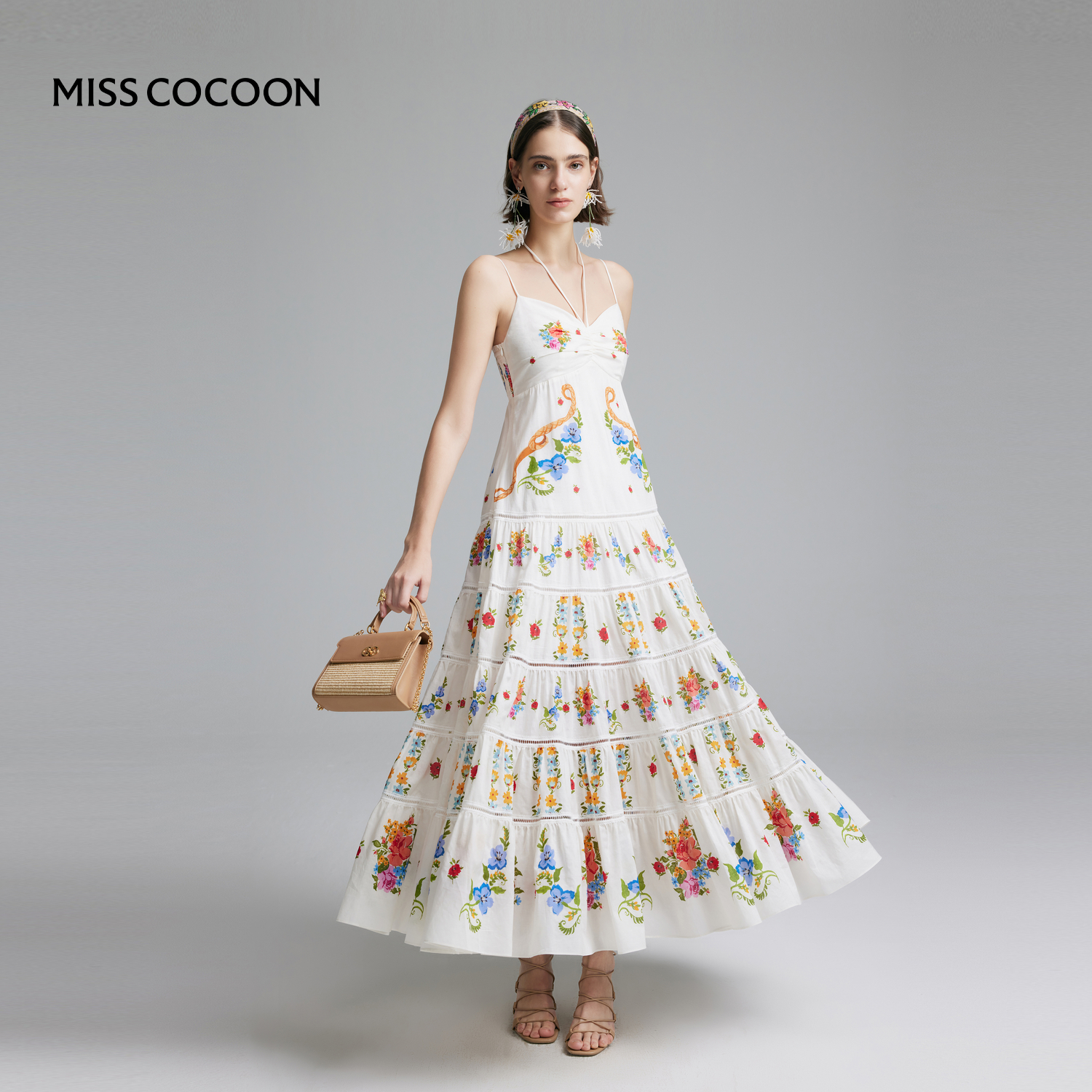 COCOON可可尼商场同款夏季女士花料定位花拼接吊带度假连衣裙