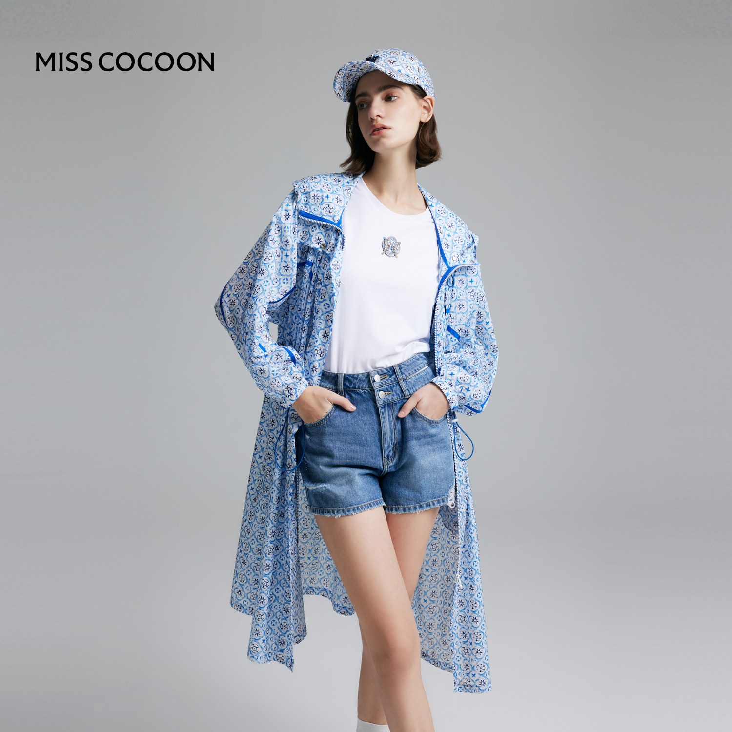 COCOON可可尼 商场同款夏季蓝色团花图案长款户外运动风上衣
