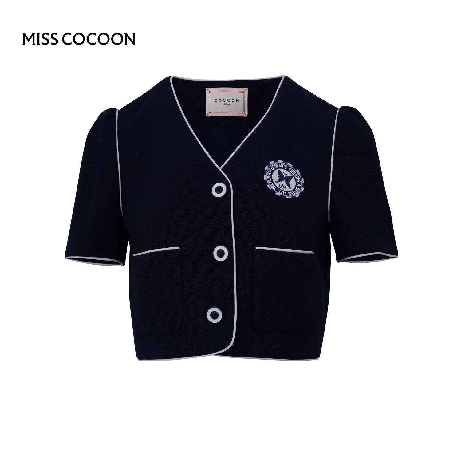 COCOON可可尼 商场同款藏青色学院风绣标撞色V领短款外套女