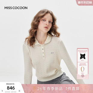 MISSCOCOON可可尼翻领白色上衣女2026春季新款娃娃领钻饰毛针织衫