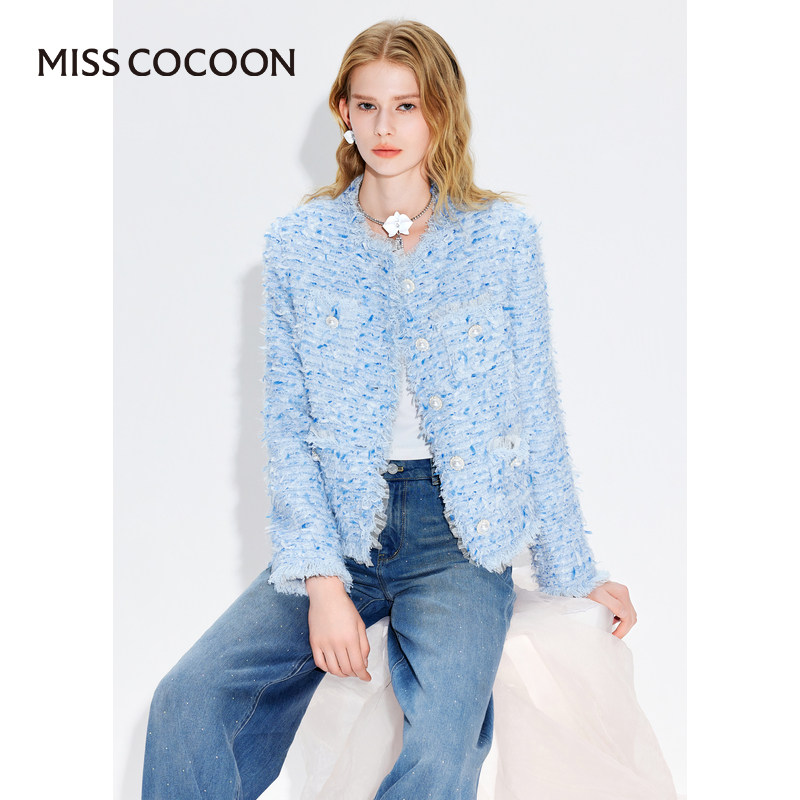 MISSCOCOON24春新款法式小香风网纱拉毛花边宽松蓝色初春气质外套