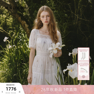法式 100%苎麻连衣裙 方领裙子女26早秋新款 MISSCOCOON可可尼泡泡袖