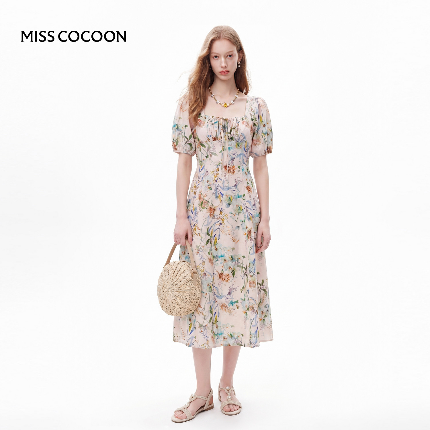 【七七酱专享】MISSCOCOON可可尼亚麻碎花裙子法式泡泡袖连衣裙