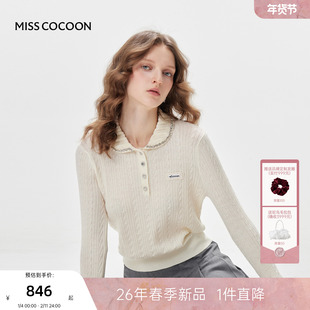 MISSCOCOON可可尼翻领白色上衣女2026春季新款娃娃领钻饰毛针织衫