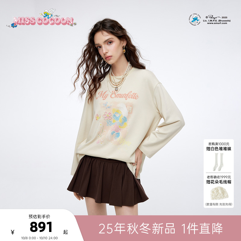 MISSCOCOON可可尼蓝精灵联名棉T恤女2025冬季新款印花打底衫上衣