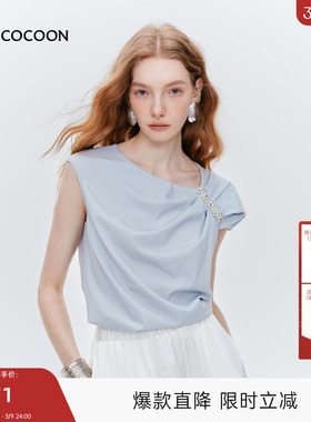 MISS COCOON可可尼设计感知性蓝色斜肩上衣2025夏季新款短袖女t恤