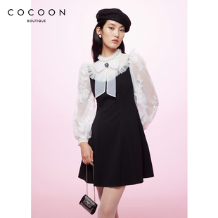2023春夏新款 COCOON商场同款 华丽宫廷黑白拼接小黑裙连衣裙女