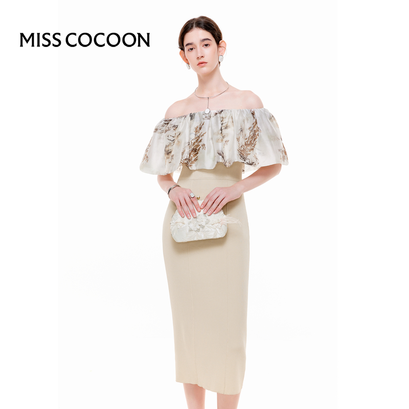 MISSCOCOON【赋美东方】24夏新款新中式印花拼接荷叶边针织连衣裙