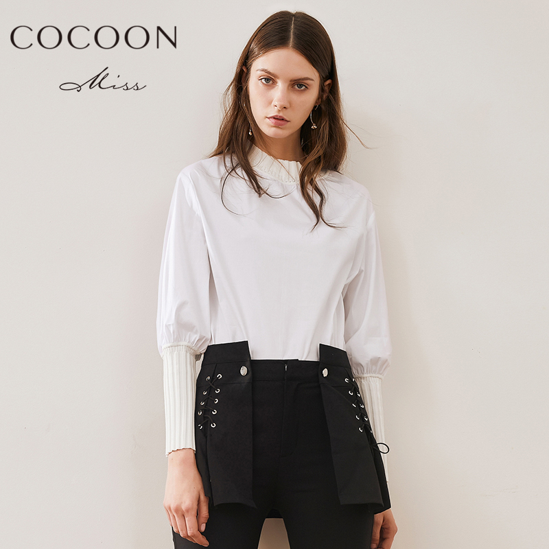 miss COCOON2018秋裝新品女裝簡約針織拼接圓領燈籠長袖襯衫