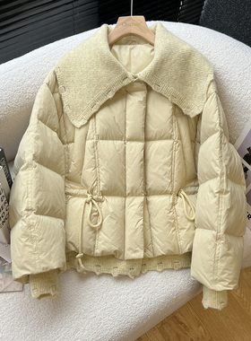 above deck翻领羽绒服女短款收腰方块针织拼接洋气白鸭绒外套2025