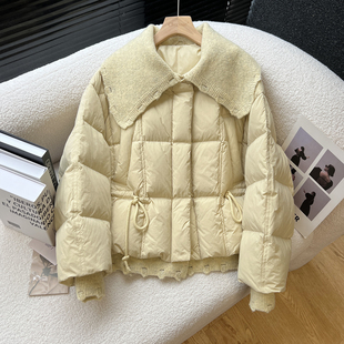 above deck翻领羽绒服女短款收腰方块针织拼接洋气白鸭绒外套2025