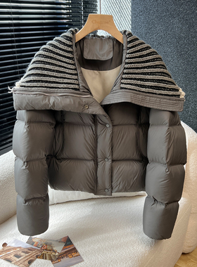 above deck翻领羽绒服女短款针织拼接加厚保暖90白鸭绒时尚洋气潮