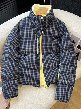 above deck肌理感羽绒服女短款小众设计师款高端格子拼色立领外套