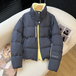 above deck肌理感羽绒服女短款小众设计师款高端格子拼色立领外套