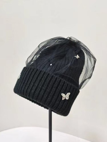 袁冰妍千惠同款黑色网纱毛线帽保暖秋冬冷帽针织白帽子冬季蝴蝶结