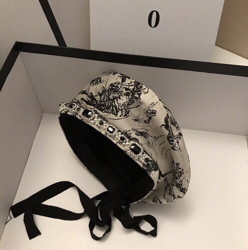 复古新中式印花贝雷帽女秋冬显脸小韩版百搭定型法式蓓蕾画家帽潮