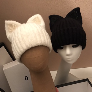日系黑白针织帽女秋冬毛绒帽子可爱宽松保暖包头护耳毛线帽显脸小