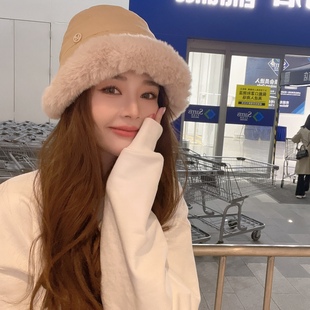 帽子女秋冬日系百搭网红加绒羊羔毛渔夫帽休闲宽檐保暖毛绒盆帽