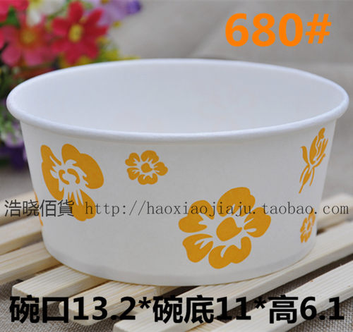 本产品采用橘红色印花设计 外观漂亮 上档次 是饭店打包首选！680尺寸是约：上口直径13.2*底部直径11*高6.1cm。150元一箱，整箱是1000只