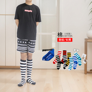 韩版 纯棉长筒袜男潮原宿街头红黑条纹运动长袜情侣黑白袜子嘻哈