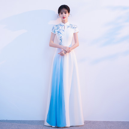 大合唱团演出服女长裙中国风成人红歌比赛古筝表演服主持人晚礼服