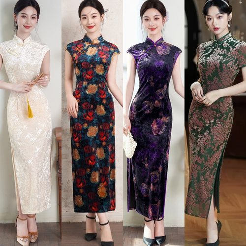 丝绒复古改良新中式月牙袖旗袍女2026春新款日常可穿气质老上海