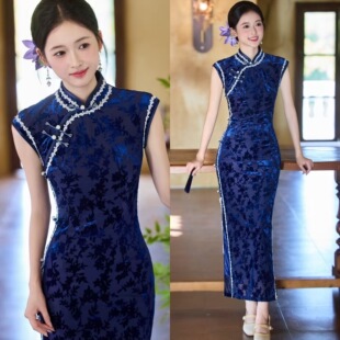 女改良新中式 旗袍2026春夏新款 日常可穿 弹力绒长款 复古民国风无袖