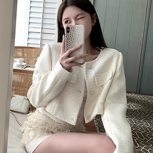 法式重工小香风外套名媛千金单排扣气质短款白色粗花呢小个子开衫
