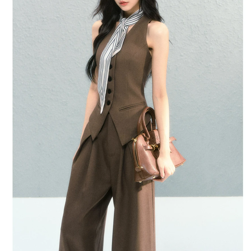 老钱风马甲背心上衣阔腿裤两件套