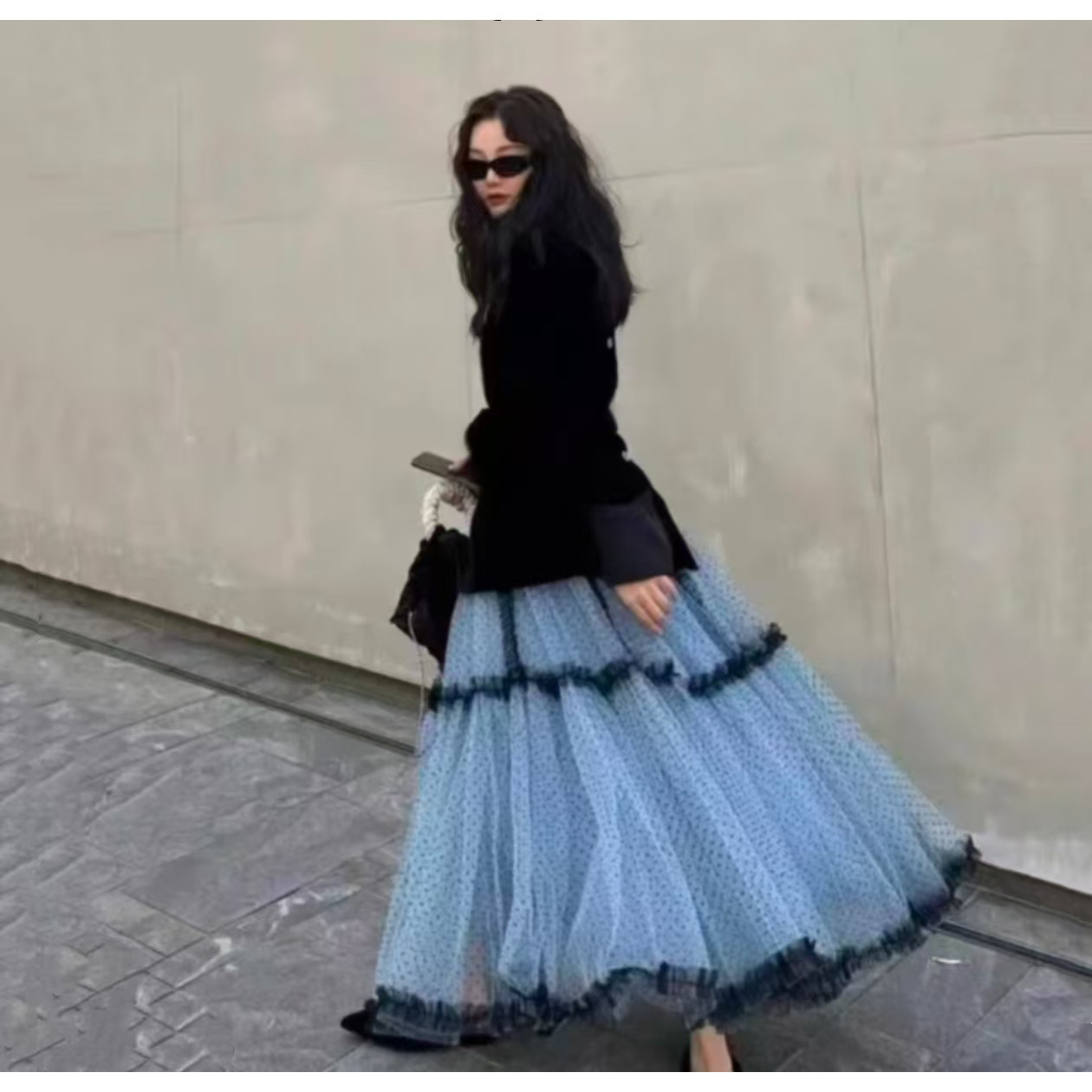 法式重工高级感网纱拼接蓬蓬裙波点半身裙松紧腰显瘦大摆a字长裙