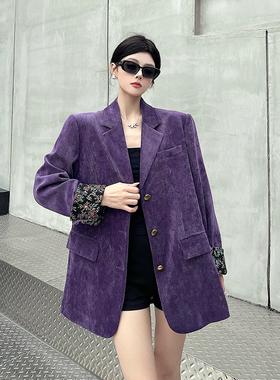 法式重工设计感复古紫色灯芯绒西装外套时髦高级感小众宽松西服女