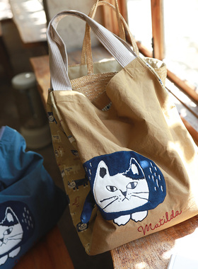 软软の大布袋拼接AB面布艺出口日本正品猫咪大容量手提包单肩拎包