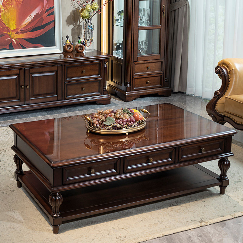 美式全实木茶几带抽长方形茶几欧式简约复古客厅胡桃木家具