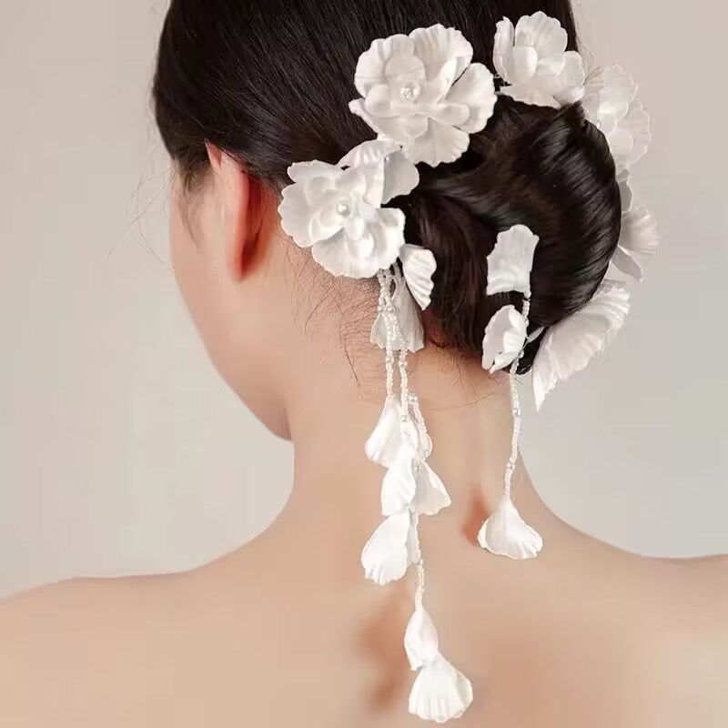 布艺花朵串珠手工发饰新品婚纱造型白色耳饰新娘结婚饰品仙女发带