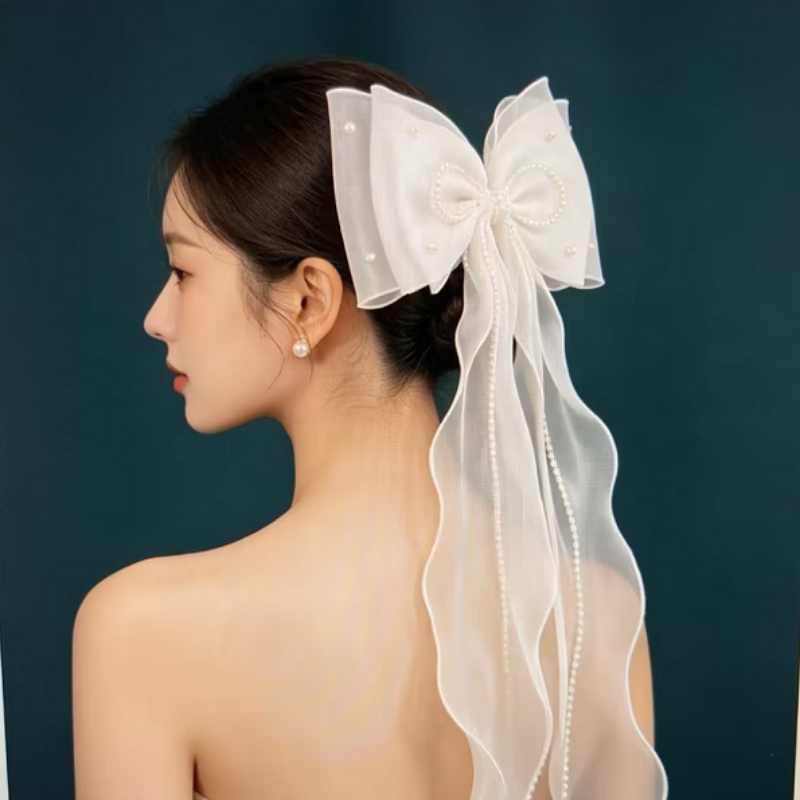 珍珠蝴蝶结新娘发夹婚礼超仙