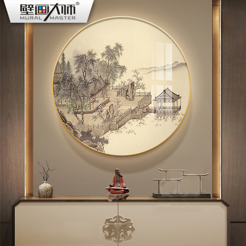 新中式山水挂画圆形装饰画现代简约客厅背景墙画玄关餐厅书房壁画图片