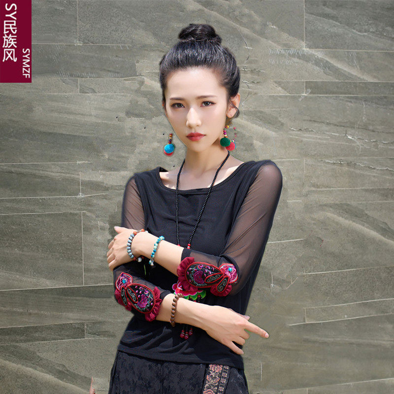 网纱t恤女修身半袖体恤民族风刺绣夏季2025年秋装打底衫黑色上衣