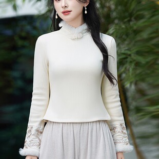 新中式马甲内搭打底衫加绒修身毛领上衣女装秋冬长袖国风刺绣t恤