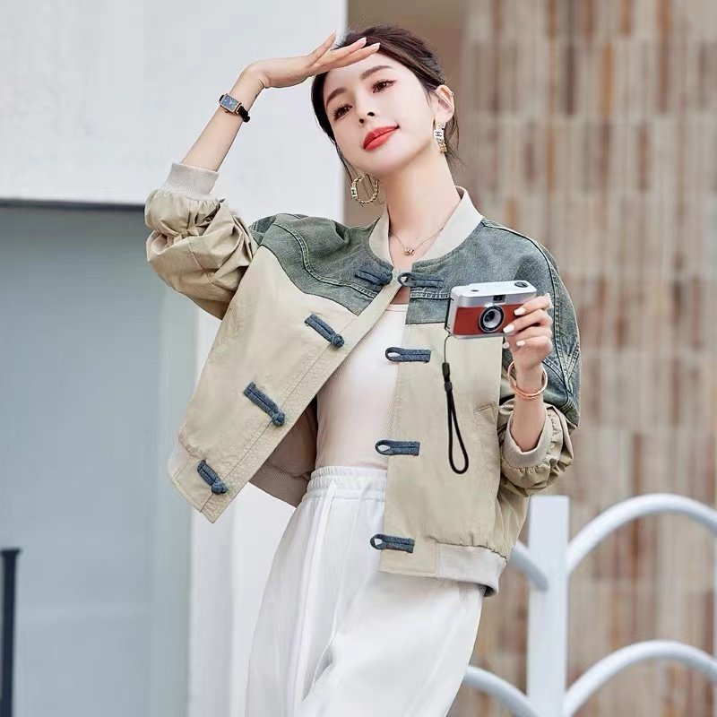 国风盘扣短外套女2025春装新款牛仔拼接新中式棒球服夹克休闲上衣,女装/女士精品,短外套,淘宝优惠券,粉丝福利购,淘宝优惠卷