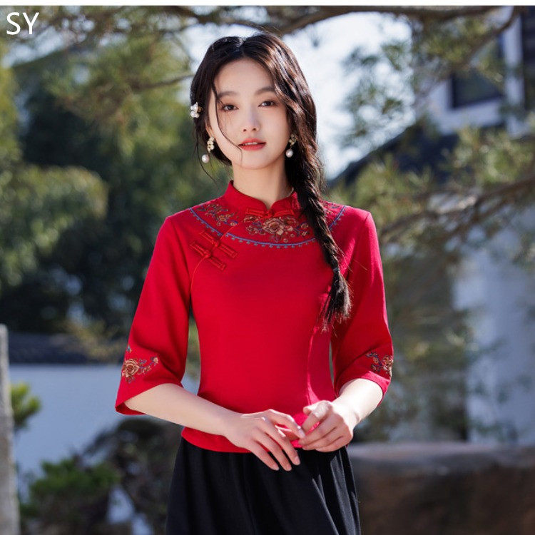 中国风女装修身旗袍上衣春夏新款七分袖棉麻衬衫复古唐装茶服套装