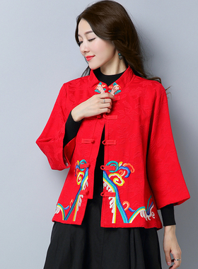 民族风女装上衣短外套女秋冬七分袖唐装女绣花棉麻宽松立领外套