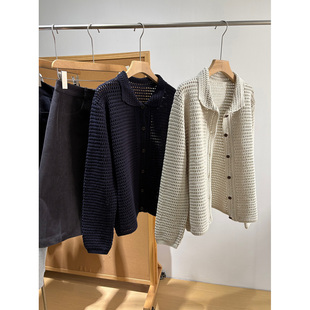 早秋淡人穿搭polo小翻领镂空针织米杏色&藏青色棉线开衫毛衣外套